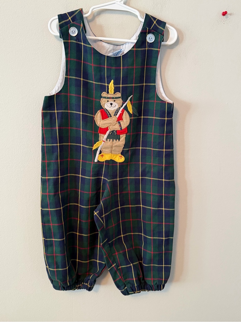 Kelly's Kids Green Plaid Bear Applique Longalls